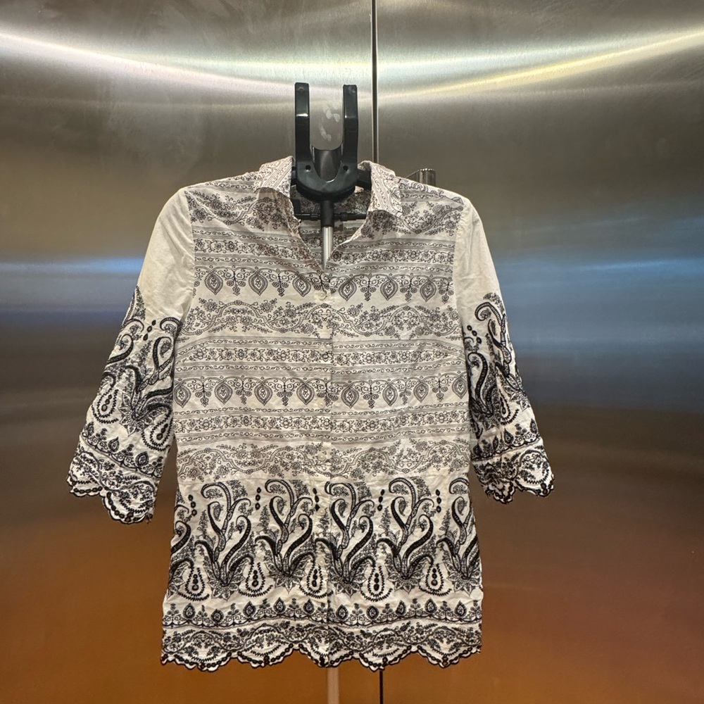 Chico's Embroidered Black and White Patterned Blouse